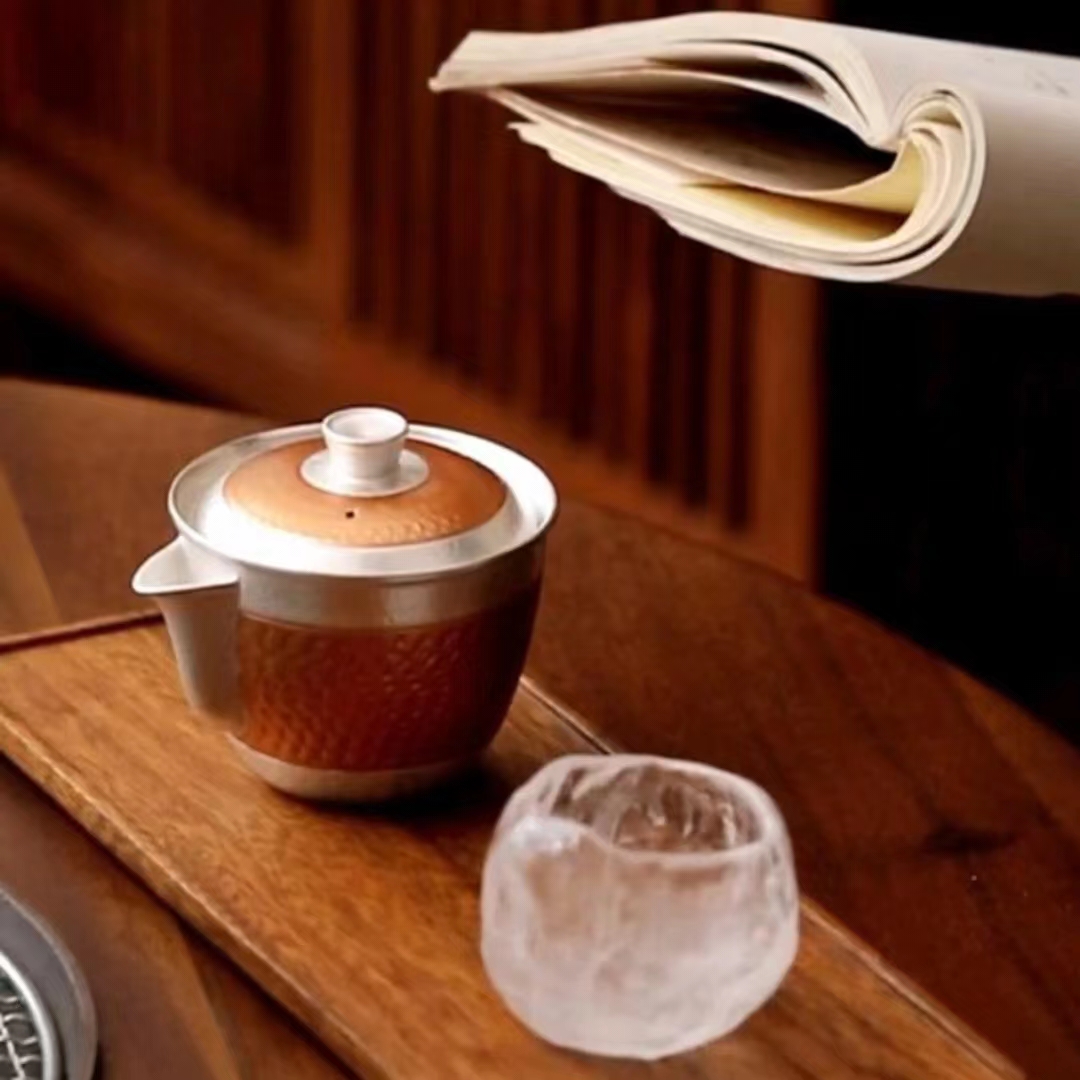 【汀和大福】銀茶具999純銀功夫茶具手工鎏銀錘紋蓋碗 【汀和大福】銀茶具999純銀功夫茶具手工鎏銀錘紋蓋碗