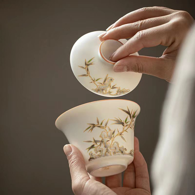 【汀和大福】白玉汝窯竹報平安三才蓋碗 【汀和大福】白玉汝窯竹報平安三才蓋碗