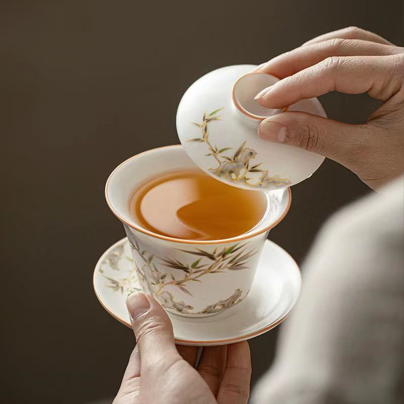 【汀和大福】白玉汝窯竹報平安三才蓋碗 【汀和大福】白玉汝窯竹報平安三才蓋碗