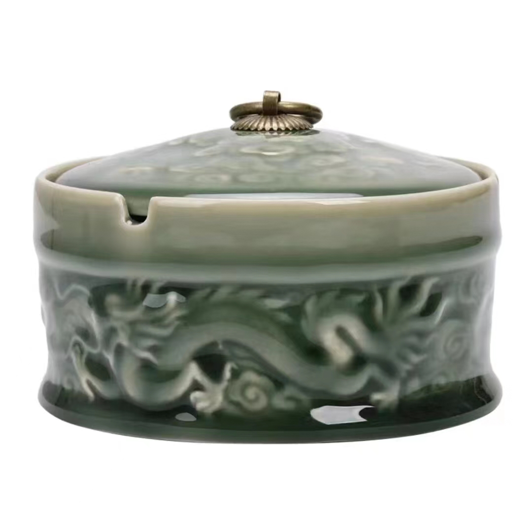 【汀和大福】青瓷浮雕帶蓋煙灰缸茶葉罐茶渣缸 【汀和大福】青瓷浮雕帶蓋煙灰缸茶葉罐茶渣缸