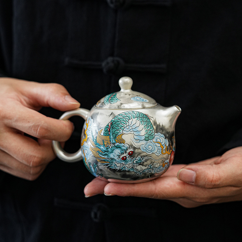 【汀和大福】銀上作畫青龍鎏銀龍蛋壺純手工茶具 【汀和大福】銀上作畫青龍鎏銀龍蛋壺純手工茶具
